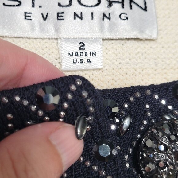 ST JOHN Evening Womens Beaded Santana Knit Jacket Size 2 Buttons Cream & Black - Picture 14 of 14